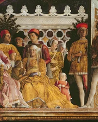 Detail von Barbara von Brandenburg (Ehefrau von Markgraf Ludovico Gonzaga III von Mantua und ihre Kinder und Höflinge), aus der Camera degli Sposi oder Camera Picta, 1465-74